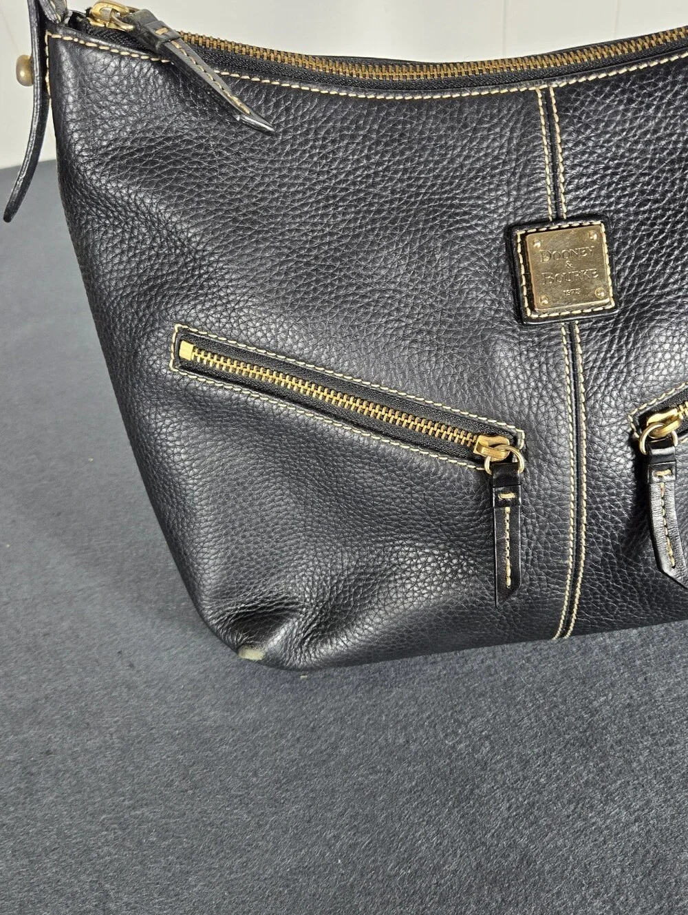 Dooney & Bourke Black Pebbled Leather Hobo with Gold Hardware Travel Plane